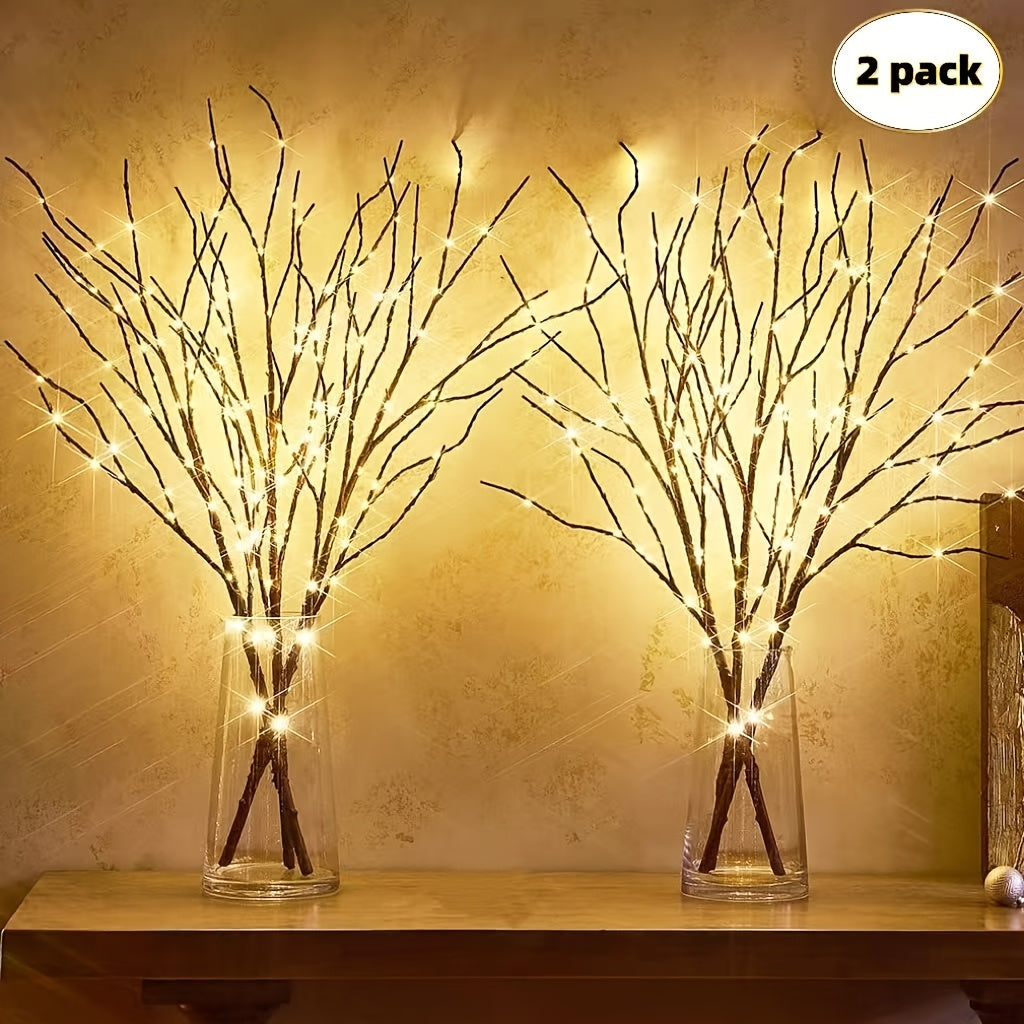 2pcs Set of Artificial Tree Branch LED Lights - Battery-Powered, 20 LEDs per Vase, Vase-Filled Decorative Lights for Home, Romantic Bedside Lamp, Christmas, Halloween, Thanksgiving, Hanukkah, Wedding, Valentine'S Day, Metal &