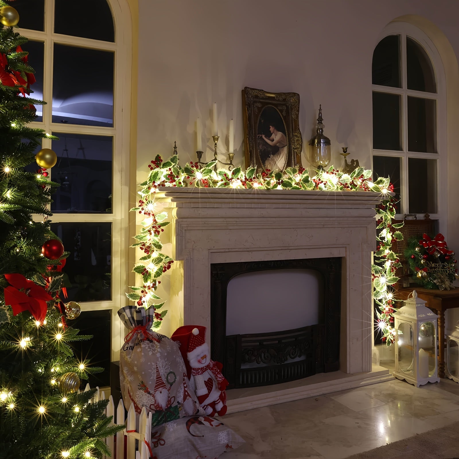 1-Set Festive 30-LED Lighted Christmas Garland (167.64 cm) with Red Berries & Holly Leaves – Battery Operated, Classic Design for Indoor or Outdoor Use. Perfect for Fireplace, Doorways, Gates, and Rooms. Ideal for Christmas