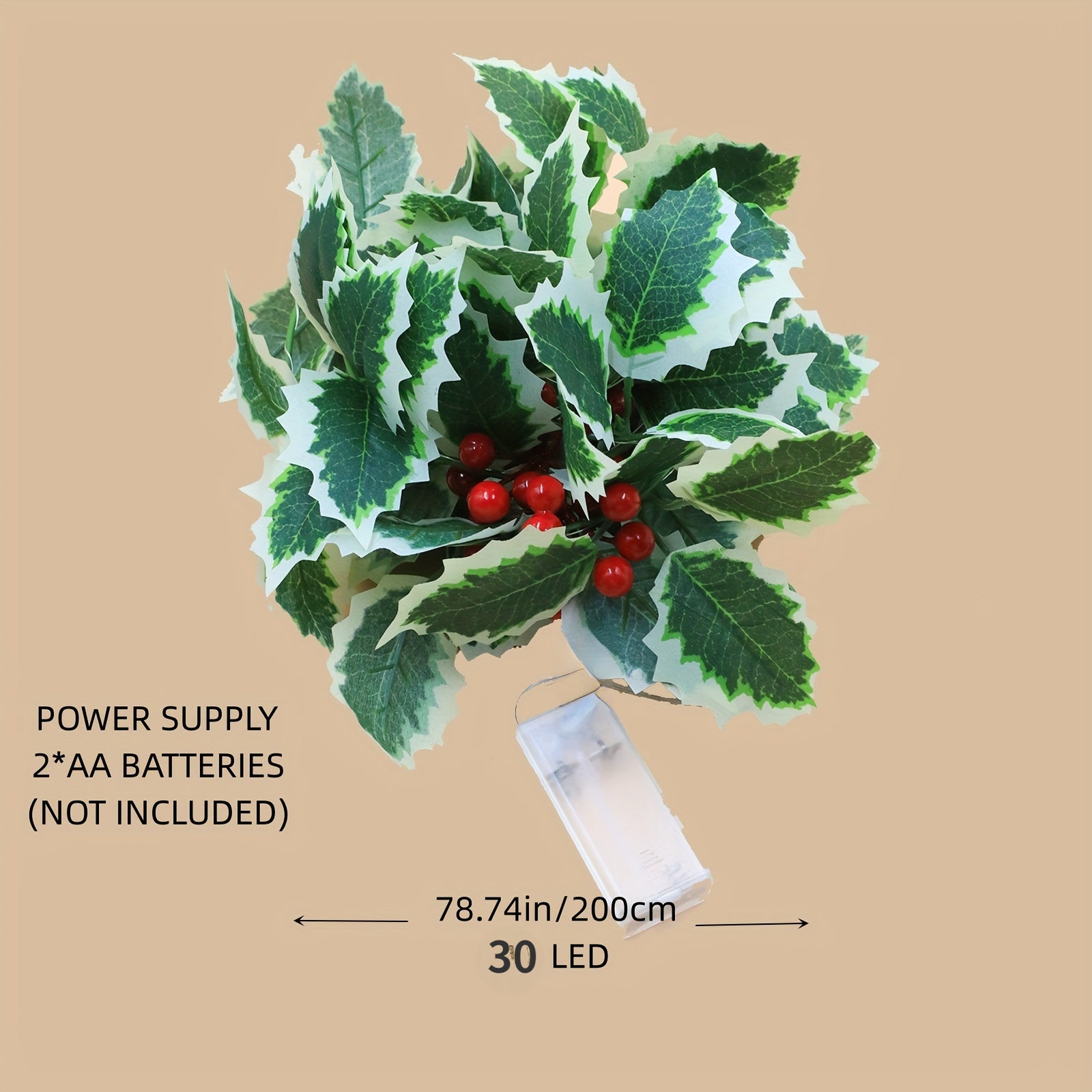 1-Set Festive 30-LED Lighted Christmas Garland (167.64 cm) with Red Berries & Holly Leaves – Battery Operated, Classic Design for Indoor or Outdoor Use. Perfect for Fireplace, Doorways, Gates, and Rooms. Ideal for Christmas