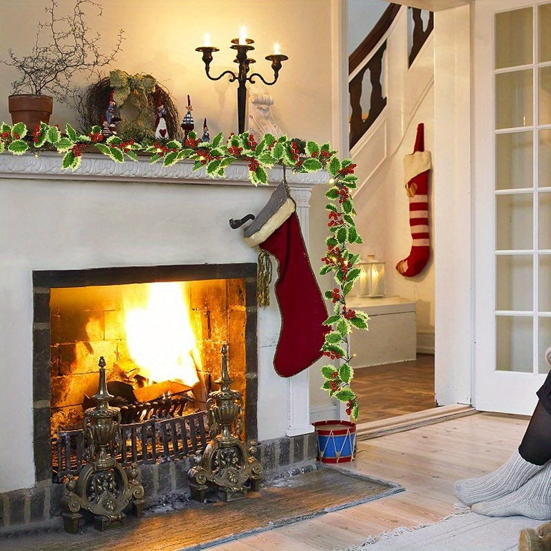 1-Set Festive 30-LED Lighted Christmas Garland (167.64 cm) with Red Berries & Holly Leaves – Battery Operated, Classic Design for Indoor or Outdoor Use. Perfect for Fireplace, Doorways, Gates, and Rooms. Ideal for Christmas