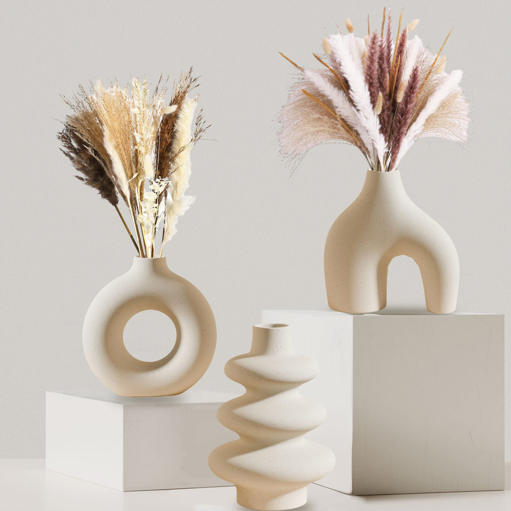 3-Piece Bohemian Ceramic Vase Set – Modern Geometric Round Decorative Vases in White Donut and Gourd Shapes. Perfect for Table Centerpieces, Living Room, Bedroom, Wedding, and Valentine’s Day Décor. An Elegant Choice for