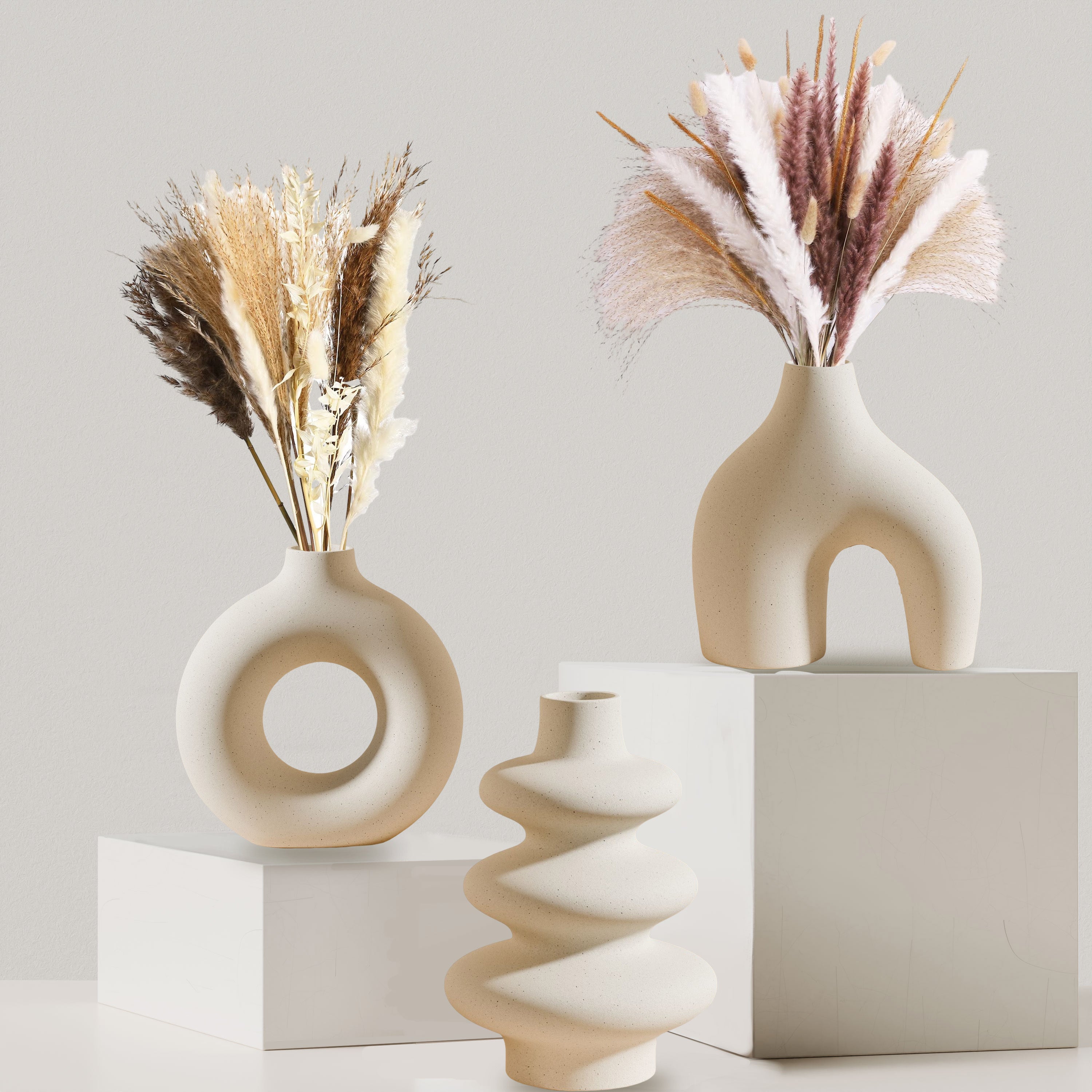 3-Piece Bohemian Ceramic Vase Set – Modern Geometric Round Decorative Vases in White Donut and Gourd Shapes. Perfect for Table Centerpieces, Living Room, Bedroom, Wedding, and Valentine’s Day Décor. An Elegant Choice for