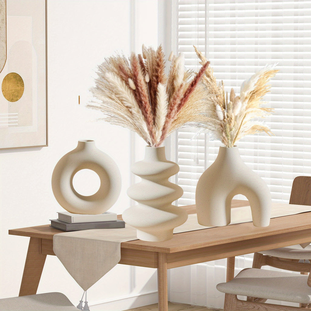 3-Piece Bohemian Ceramic Vase Set – Modern Geometric Round Decorative Vases in White Donut and Gourd Shapes. Perfect for Table Centerpieces, Living Room, Bedroom, Wedding, and Valentine’s Day Décor. An Elegant Choice for