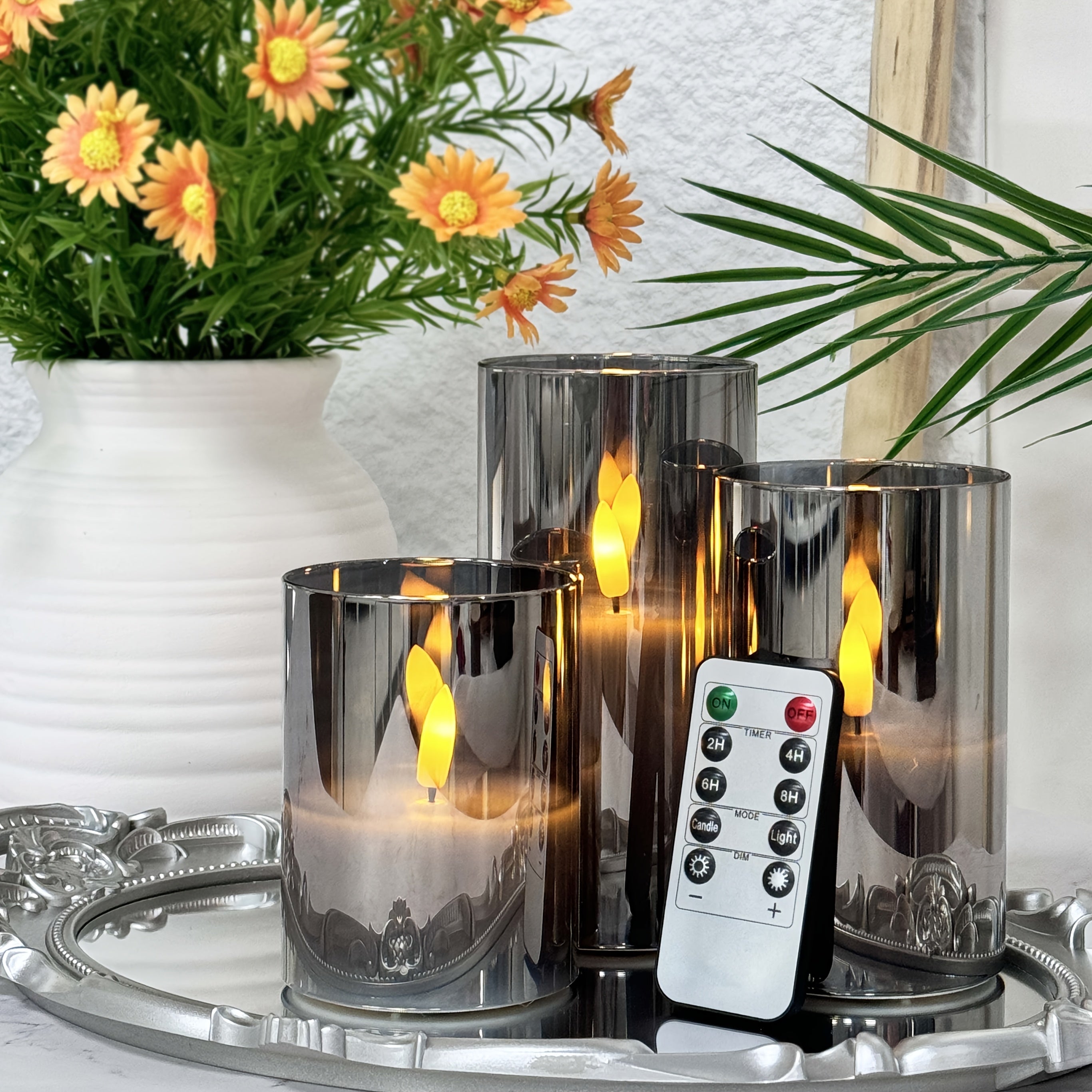 3pcs Flameless Candles with Remote Control Timer: 3D Wick Battery-Powered LED Pillar Candle, Unbreakable Acrylic Fake Candy Set for Home Decor Romantic Atmosphere - Gray, Artificial Candles, Candle Decor, Halloween Candle, Sm