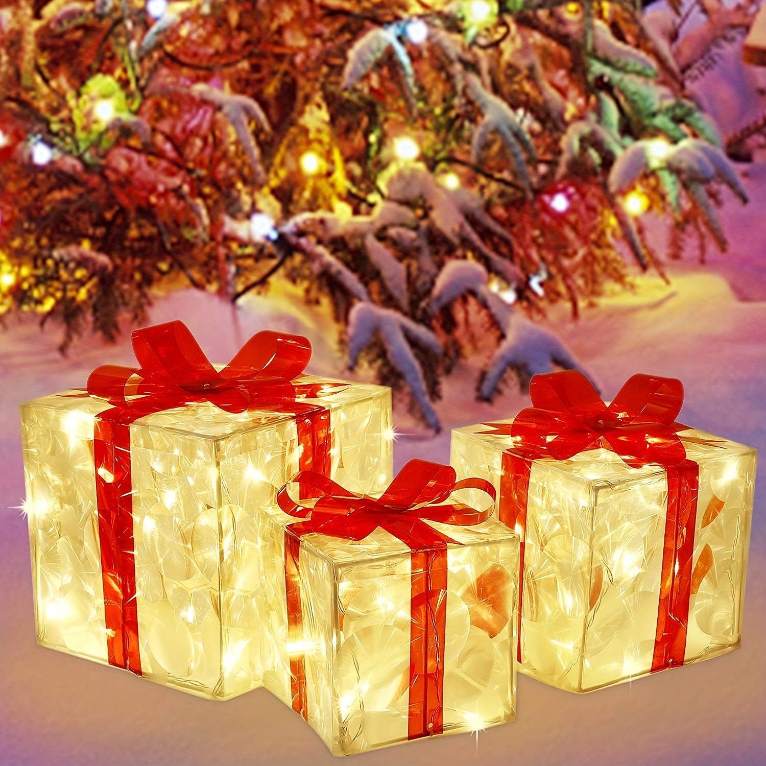 Set Of 3 ChristmasLighted Gift Boxes, Transparent Warm White Lighted Christmas Box Decrations, Presents Boxs With Red Bows For Christams Tree, Yard, Home, Christams Outdoor Decoration