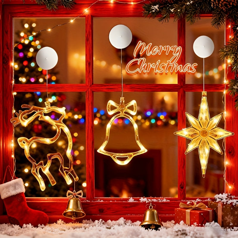LED Christmas Lights – Available in 1-Piece or 3-Piece Sets with Star, Snowflake, and Christmas Tree Designs. Battery-Powered with Suction Cup Base for Easy Window Mounting or Hanging (Batteries Not Included). Perfect for A