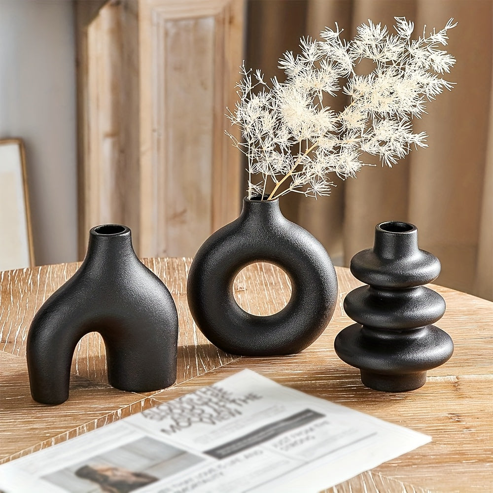 3-Piece Bohemian Ceramic Vase Set – Modern Geometric Round Decorative Vases in White Donut and Gourd Shapes. Perfect for Table Centerpieces, Living Room, Bedroom, Wedding, and Valentine’s Day Décor. An Elegant Choice for