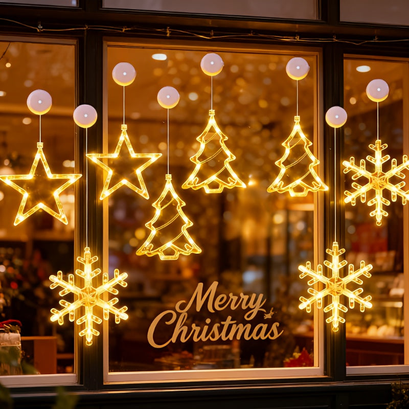 LED Christmas Lights – Available in 1-Piece or 3-Piece Sets with Star, Snowflake, and Christmas Tree Designs. Battery-Powered with Suction Cup Base for Easy Window Mounting or Hanging (Batteries Not Included). Perfect for A