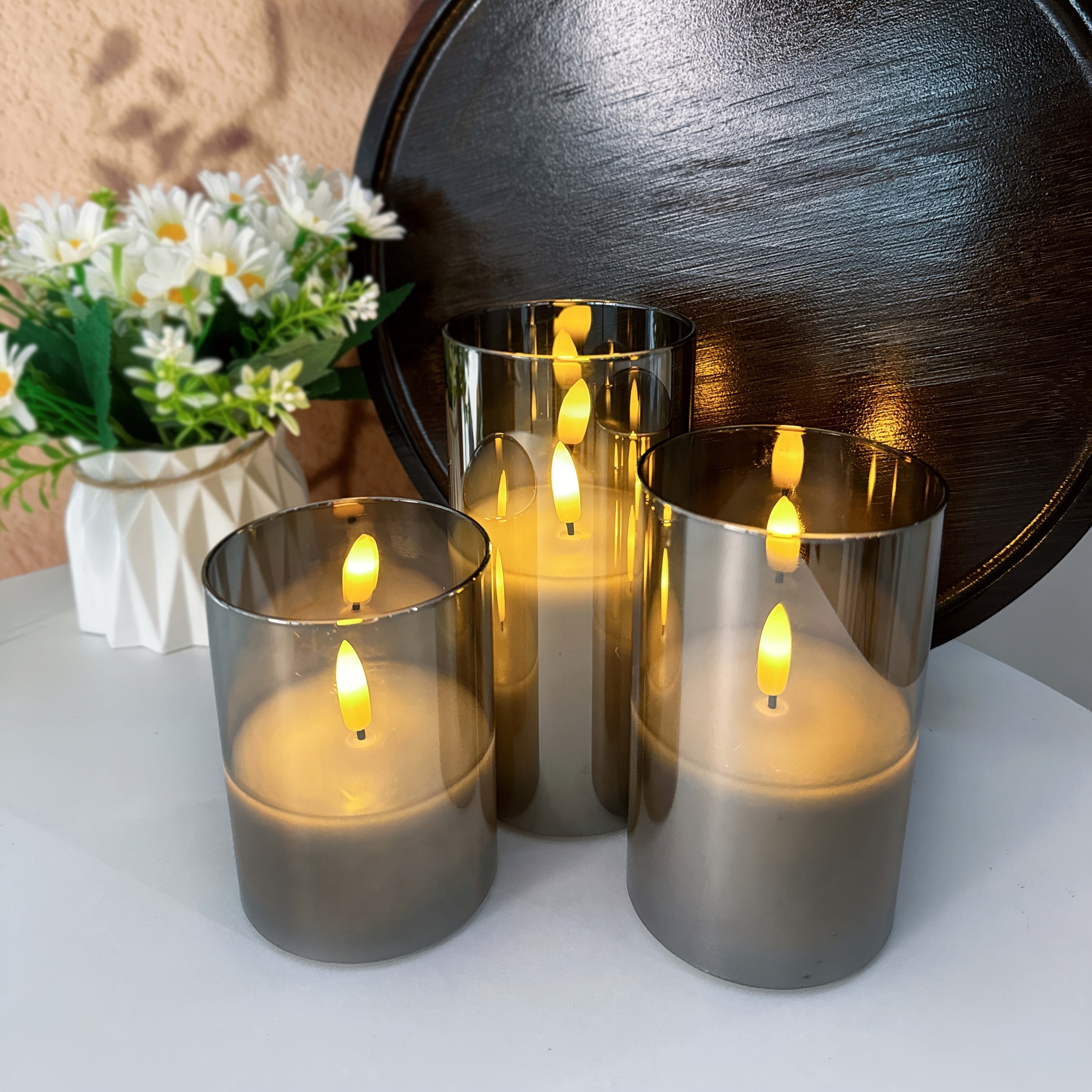 3pcs Flameless Candles with Remote Control Timer: 3D Wick Battery-Powered LED Pillar Candle, Unbreakable Acrylic Fake Candy Set for Home Decor Romantic Atmosphere - Gray, Artificial Candles, Candle Decor, Halloween Candle, Sm