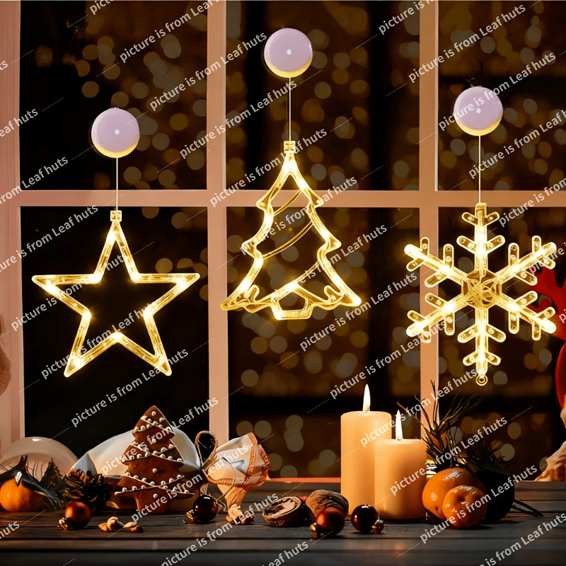 LED Christmas Lights – Available in 1-Piece or 3-Piece Sets with Star, Snowflake, and Christmas Tree Designs. Battery-Powered with Suction Cup Base for Easy Window Mounting or Hanging (Batteries Not Included). Perfect for A