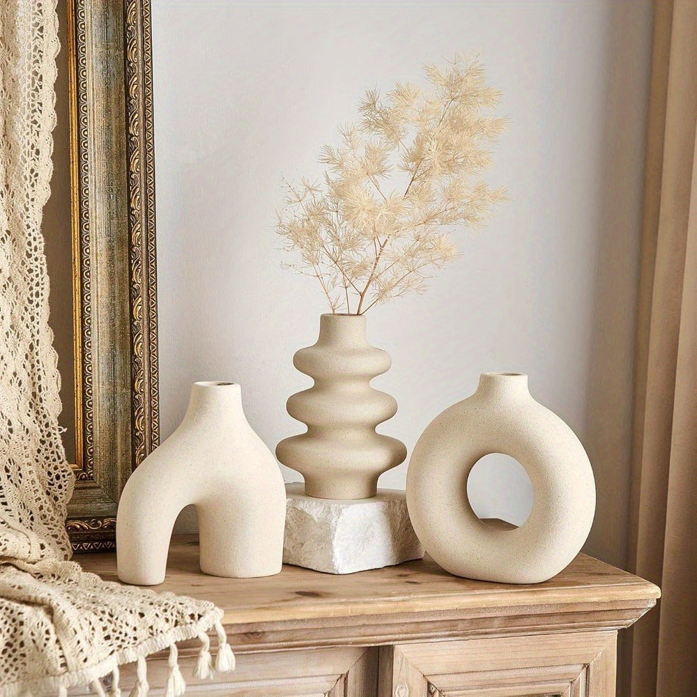 3-Piece Bohemian Ceramic Vase Set – Modern Geometric Round Decorative Vases in White Donut and Gourd Shapes. Perfect for Table Centerpieces, Living Room, Bedroom, Wedding, and Valentine’s Day Décor. An Elegant Choice for