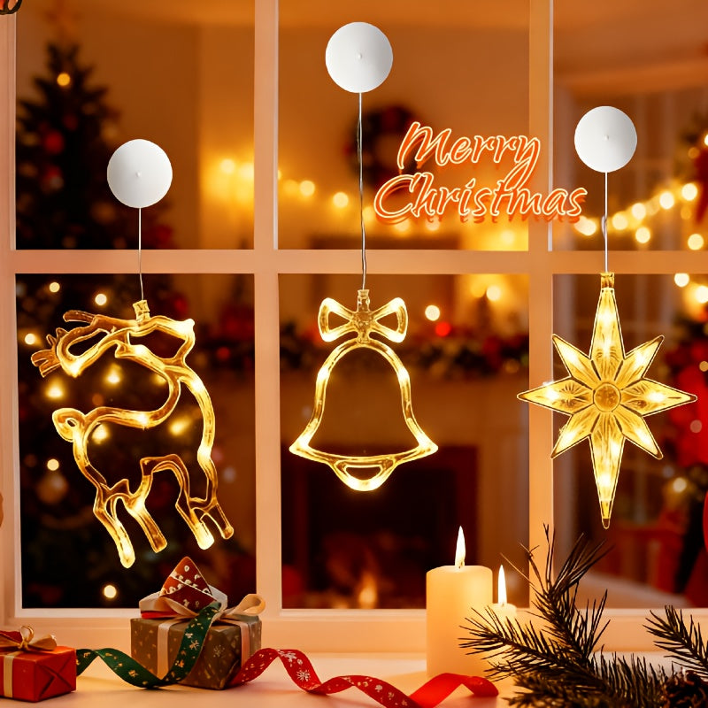 LED Christmas Lights – Available in 1-Piece or 3-Piece Sets with Star, Snowflake, and Christmas Tree Designs. Battery-Powered with Suction Cup Base for Easy Window Mounting or Hanging (Batteries Not Included). Perfect for A