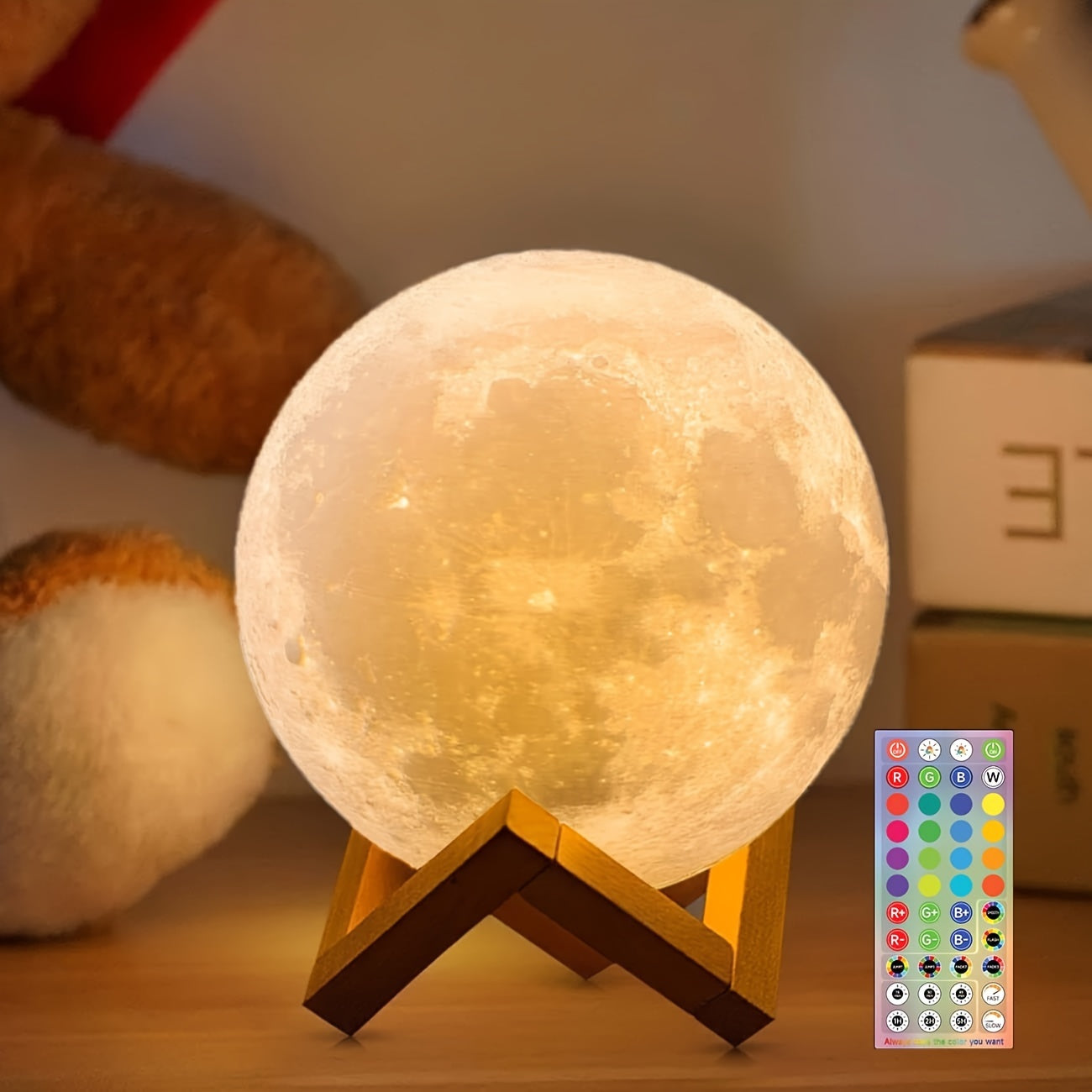 Moon Lamp 2024 Upgraded 128 Colors With Timing Moon Night Light For Adults, Gifts For Women Men, Remote Touch Control And USB Rechargeable Wooden Stand 5.9 Inches