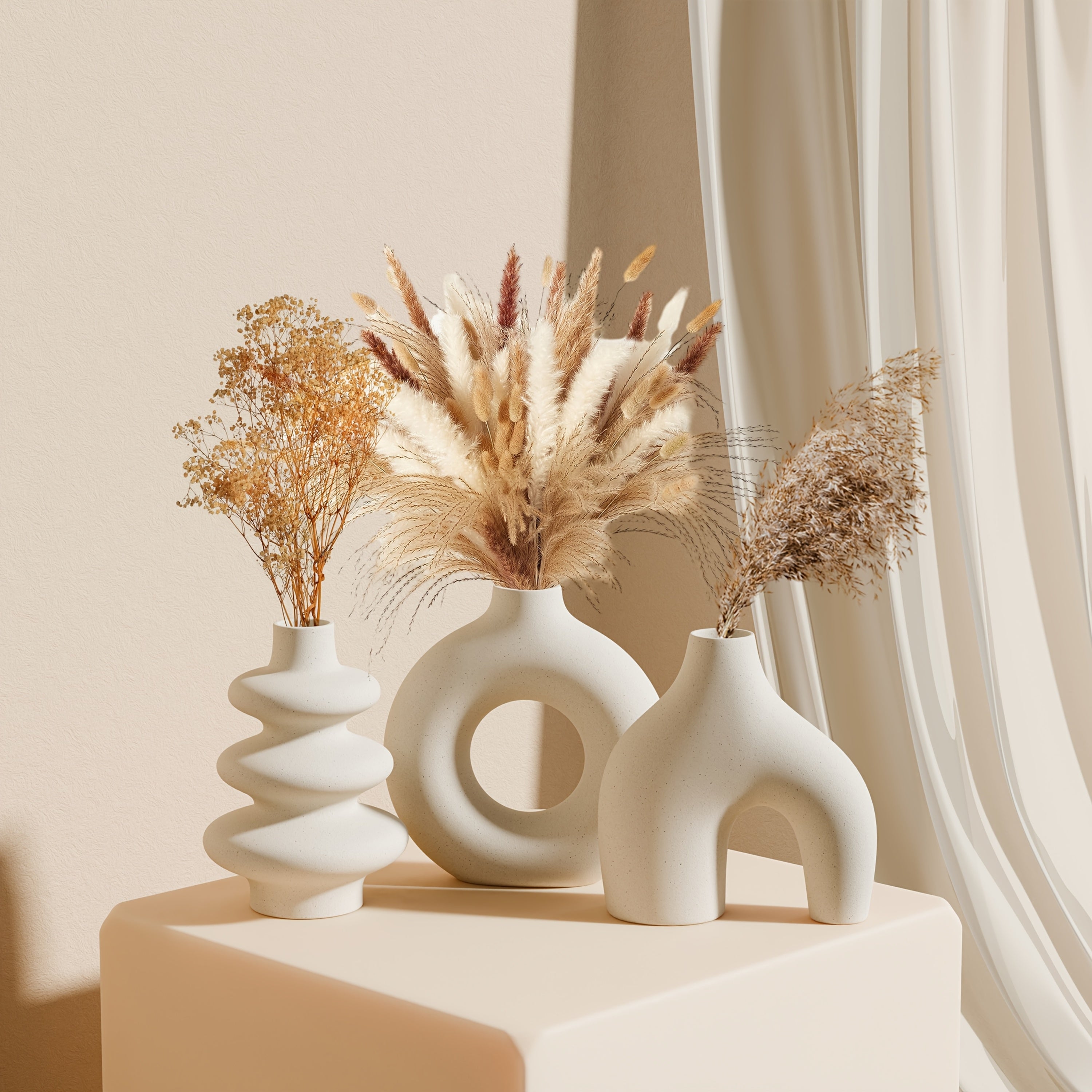 3-Piece Bohemian Ceramic Vase Set – Modern Geometric Round Decorative Vases in White Donut and Gourd Shapes. Perfect for Table Centerpieces, Living Room, Bedroom, Wedding, and Valentine’s Day Décor. An Elegant Choice for