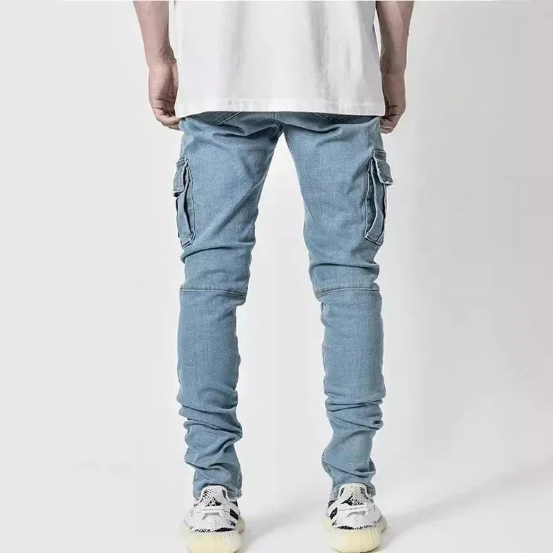 Men's Slim Fit Denim Jeans Elastic Waist Multi-Pocket Cargo Pants Casual Washed Solid Color Streetwear Mid-Waist Daily Joggers