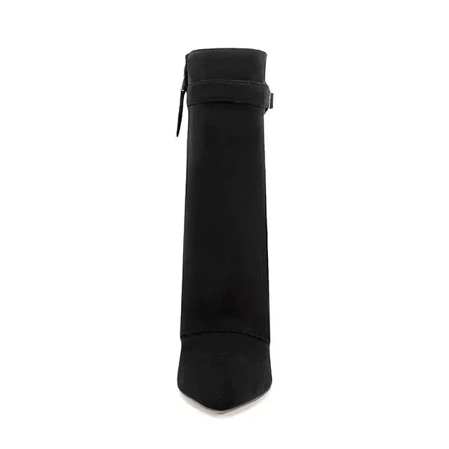 2025 Autumn/Winter Collection – Women’s Pointed-Toe Knee-High Boots with Metal Buckle. Featuring a thick high heel and sleek mid-leg design for a chic, fashionable look. Perfect for pairing with dresses or pants for elega