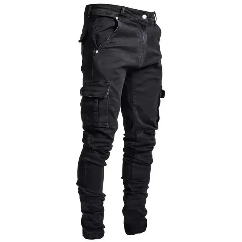 Men's Slim Fit Denim Jeans Elastic Waist Multi-Pocket Cargo Pants Casual Washed Solid Color Streetwear Mid-Waist Daily Joggers