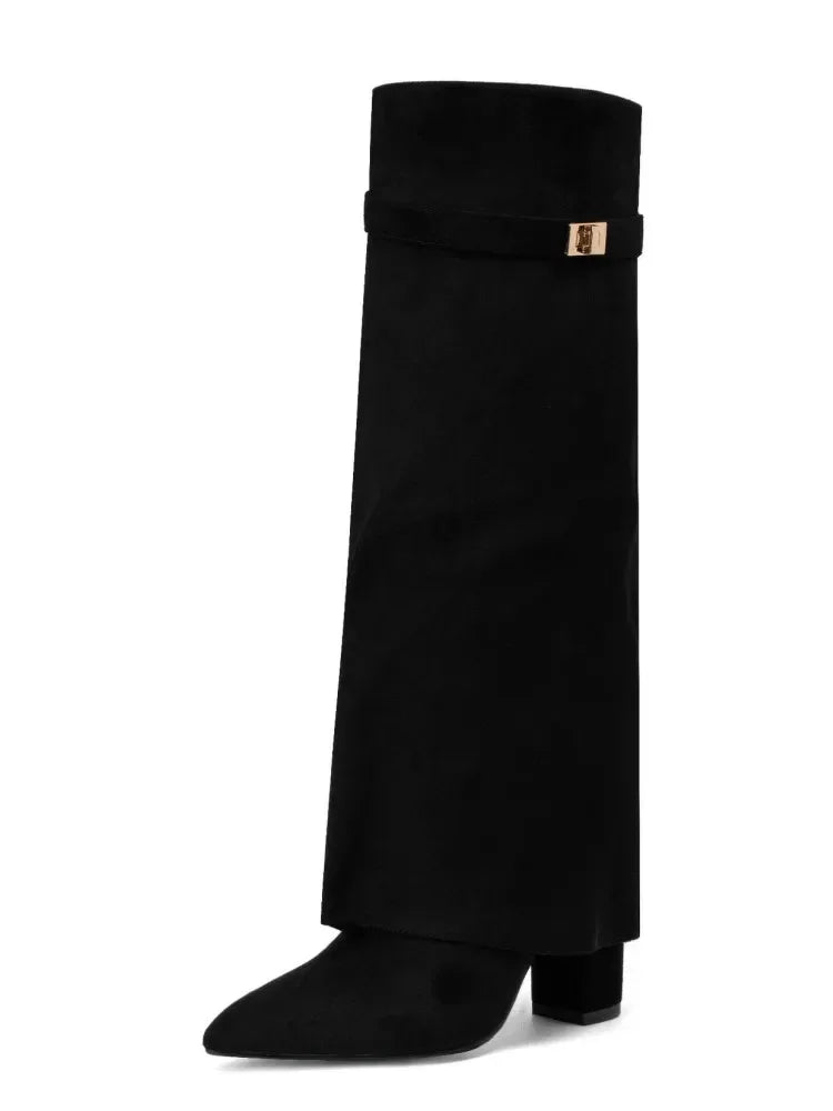 2025 Autumn/Winter Collection – Women’s Pointed-Toe Knee-High Boots with Metal Buckle. Featuring a thick high heel and sleek mid-leg design for a chic, fashionable look. Perfect for pairing with dresses or pants for elega