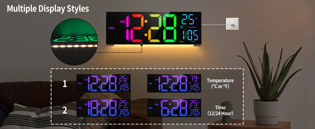 16" Large Digital LED Wall Clock – Features a big, easy-to-read display with 8 RGB color options, remote control, alarm, DST adjustment, and temperature display. Perfect for modern living rooms, kitchens, offices, and class