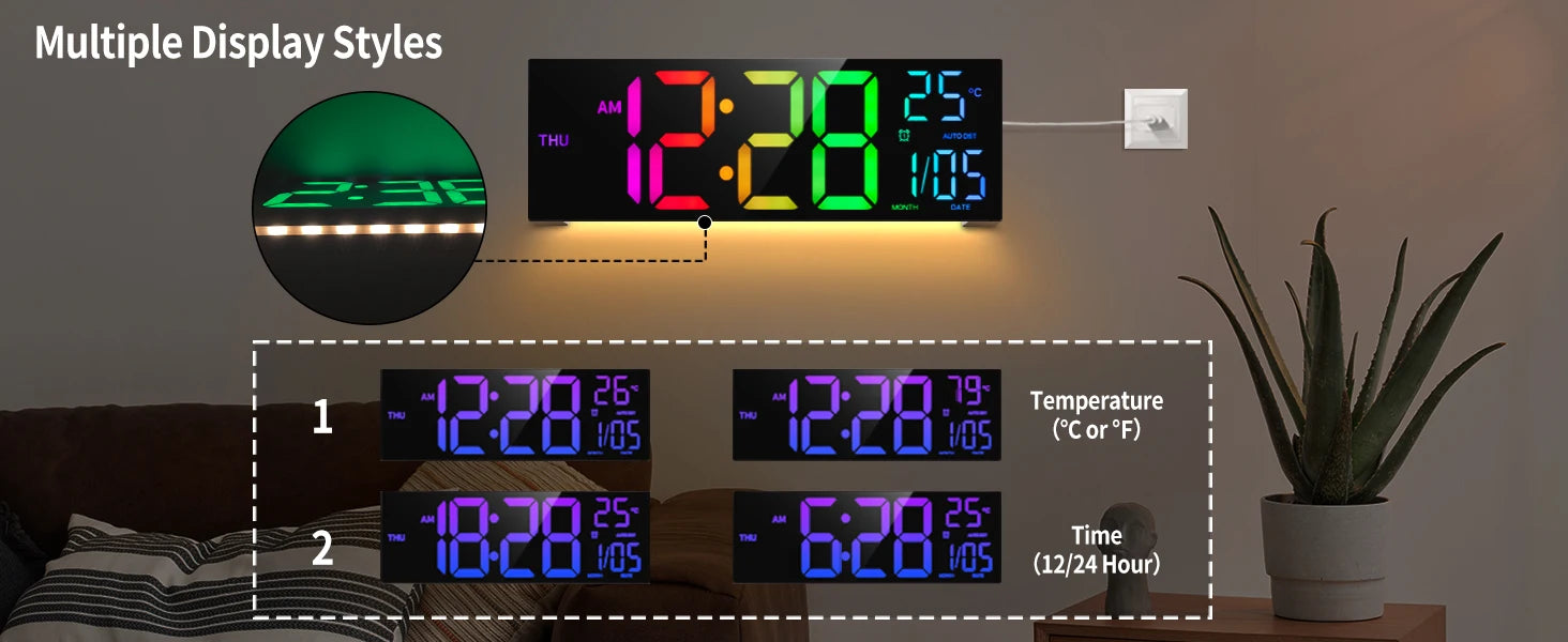 16" Large Digital LED Wall Clock – Features a big, easy-to-read display with 8 RGB color options, remote control, alarm, DST adjustment, and temperature display. Perfect for modern living rooms, kitchens, offices, and class