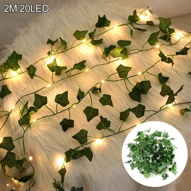 2M / 5M / 10M LED Silk Leaf Ivy Vine String Lights – Artificial Greenery Garland for Home, Wedding, and Event Decoration. Features realistic silk leaves and warm LED lighting, perfect for creating elegant, nature-inspired d