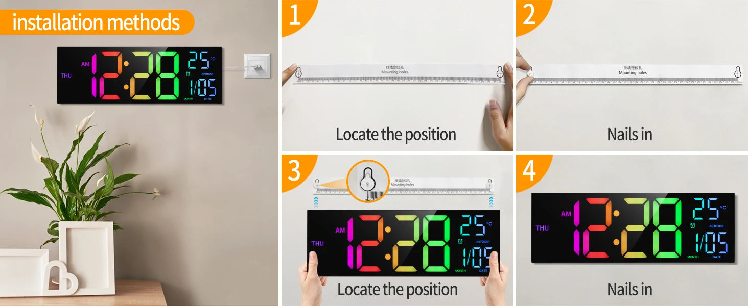 16" Large Digital LED Wall Clock – Features a big, easy-to-read display with 8 RGB color options, remote control, alarm, DST adjustment, and temperature display. Perfect for modern living rooms, kitchens, offices, and class