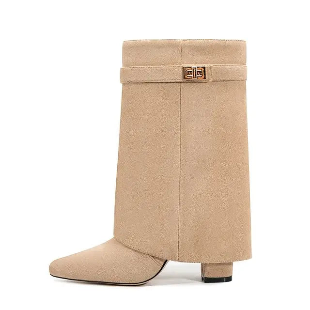 2025 Autumn/Winter Collection – Women’s Pointed-Toe Knee-High Boots with Metal Buckle. Featuring a thick high heel and sleek mid-leg design for a chic, fashionable look. Perfect for pairing with dresses or pants for elega