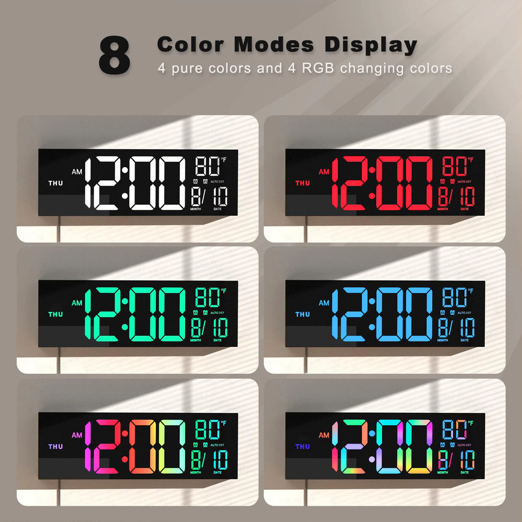 16" Large Digital LED Wall Clock – Features a big, easy-to-read display with 8 RGB color options, remote control, alarm, DST adjustment, and temperature display. Perfect for modern living rooms, kitchens, offices, and class