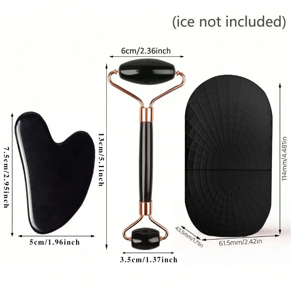 3-Piece Face Massager Kit – Ice Roller, Gua Sha Board & Facial Massage Roller | Premium Face Lifting and Contouring Tools for Radiant, Youthful Skin. Enhance your skincare routine with this professional 3-piece face massage
