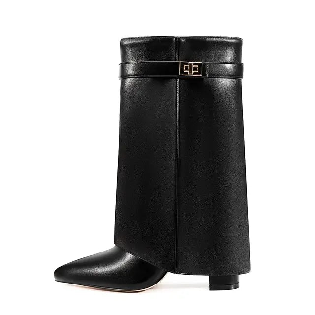 2025 Autumn/Winter Collection – Women’s Pointed-Toe Knee-High Boots with Metal Buckle. Featuring a thick high heel and sleek mid-leg design for a chic, fashionable look. Perfect for pairing with dresses or pants for elega