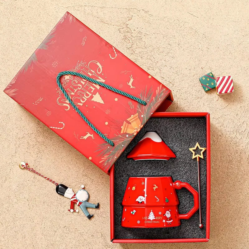 Cartoon Santa Claus Ceramic Mug with Lid And Spoon Christmas Gift Selection Gift Box Packaging for a Festive Home Atmosphere