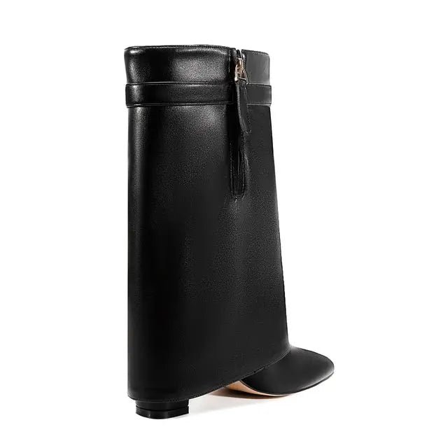 2025 Autumn/Winter Collection – Women’s Pointed-Toe Knee-High Boots with Metal Buckle. Featuring a thick high heel and sleek mid-leg design for a chic, fashionable look. Perfect for pairing with dresses or pants for elega