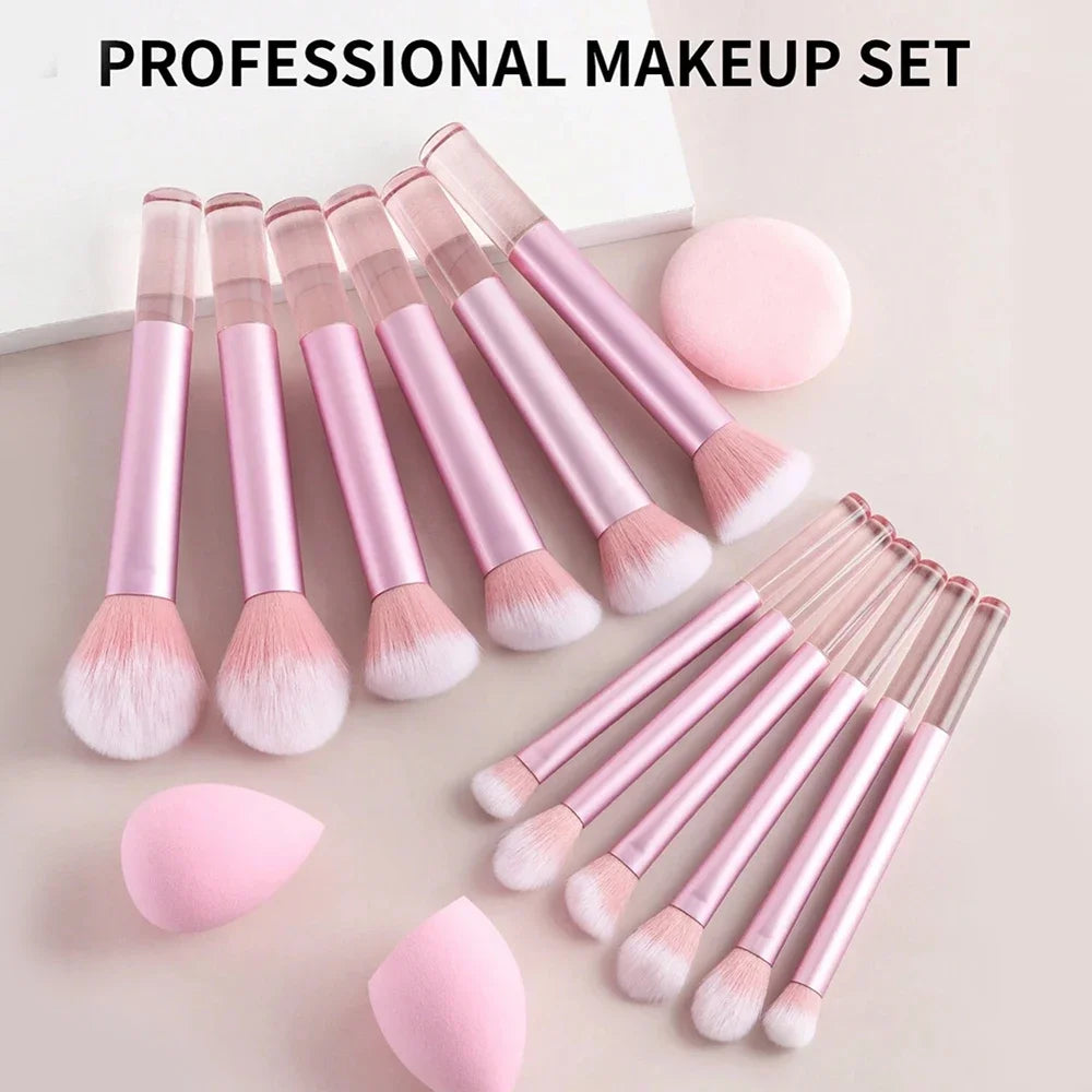 12-Piece Professional Makeup Brush Set with Sponges & Powder Puff. A complete makeup essential kit featuring high-quality brushes for eyeshadow, powder, and blush application. Includes 12 premium brushes, 2 blending sponges,