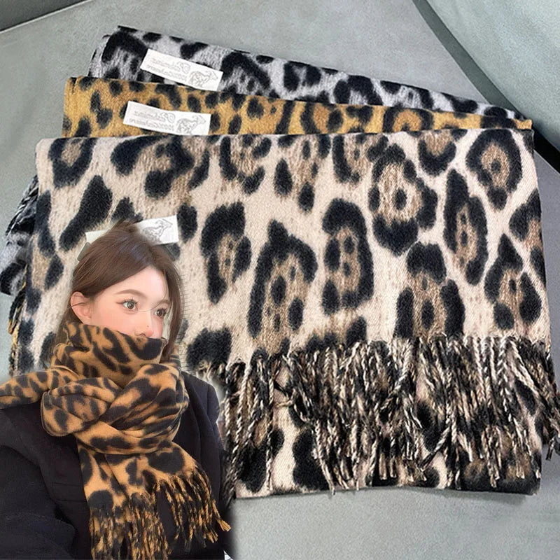 Luxury Leopard Print Tassel Scarf – Imitation Cashmere Wrap for Women. Thick, soft, and windproof design provides warmth and style during autumn and winter. Perfect as a fashionable shawl, wrap, or neck warmer for any occas