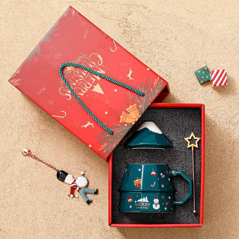Cartoon Santa Claus Ceramic Mug with Lid And Spoon Christmas Gift Selection Gift Box Packaging for a Festive Home Atmosphere