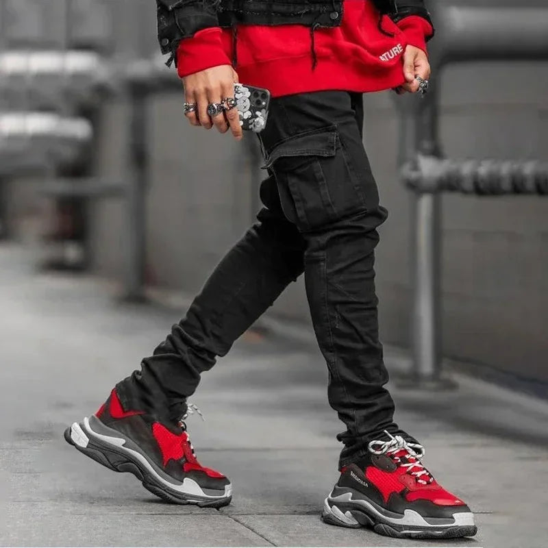 Men's Slim Fit Denim Jeans Elastic Waist Multi-Pocket Cargo Pants Casual Washed Solid Color Streetwear Mid-Waist Daily Joggers