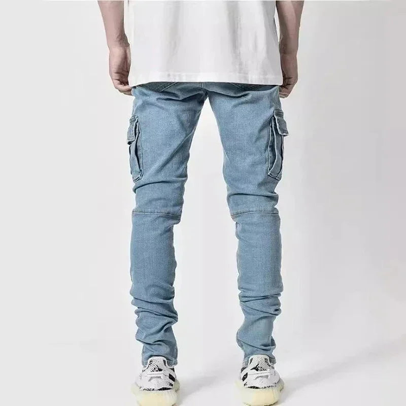 Men's Slim Fit Denim Jeans Elastic Waist Multi-Pocket Cargo Pants Casual Washed Solid Color Streetwear Mid-Waist Daily Joggers