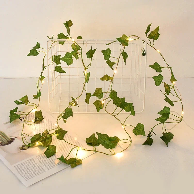 2M / 5M / 10M LED Silk Leaf Ivy Vine String Lights – Artificial Greenery Garland for Home, Wedding, and Event Decoration. Features realistic silk leaves and warm LED lighting, perfect for creating elegant, nature-inspired d