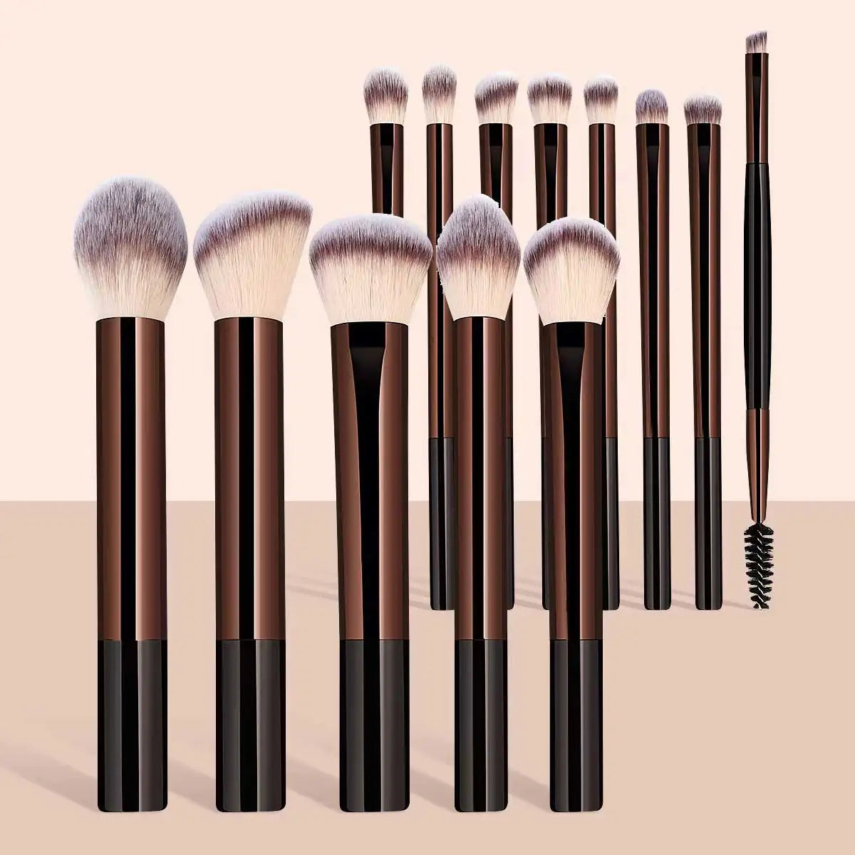 12-Piece Professional Makeup Brush Set with Sponges & Powder Puff. A complete makeup essential kit featuring high-quality brushes for eyeshadow, powder, and blush application. Includes 12 premium brushes, 2 blending sponges,