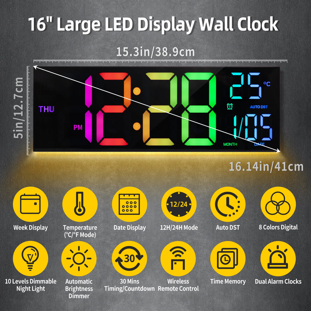 16" Large Digital LED Wall Clock – Features a big, easy-to-read display with 8 RGB color options, remote control, alarm, DST adjustment, and temperature display. Perfect for modern living rooms, kitchens, offices, and class