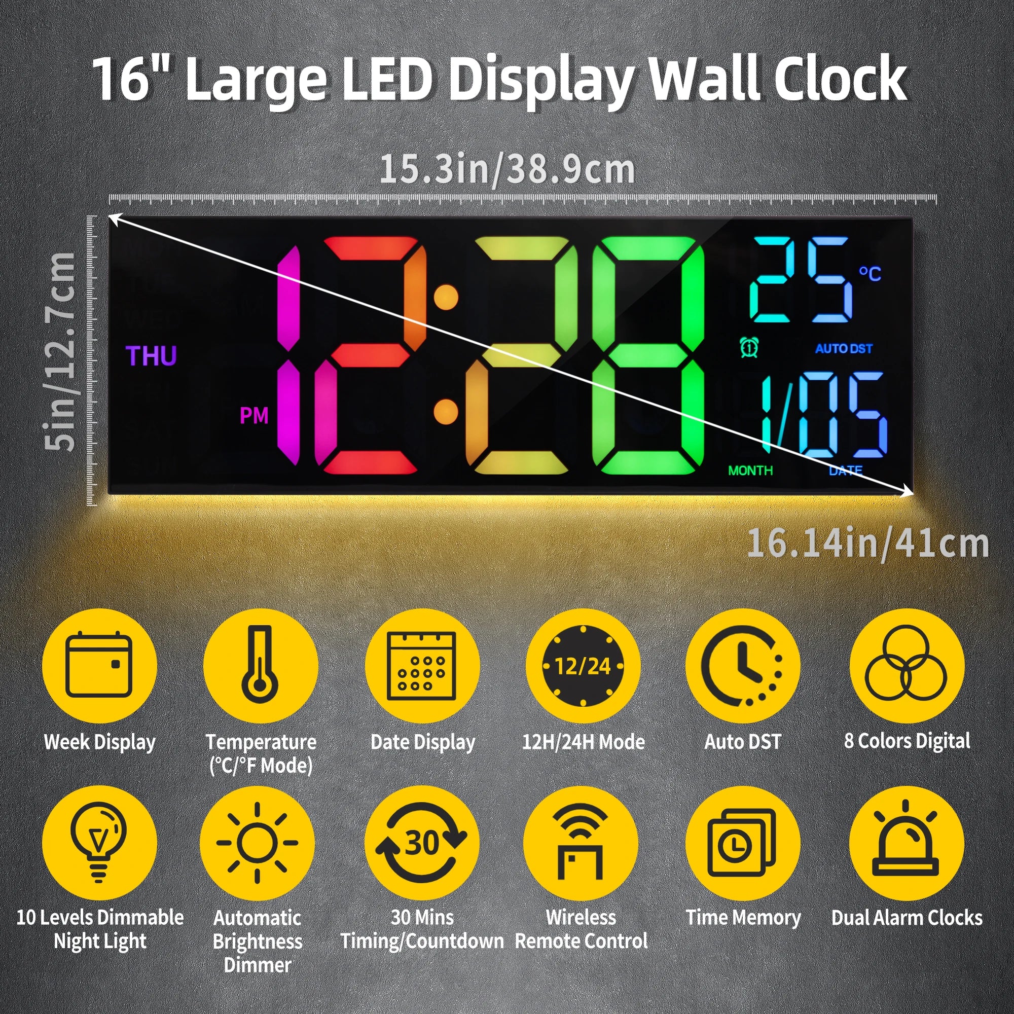 16" Large Digital LED Wall Clock – Features a big, easy-to-read display with 8 RGB color options, remote control, alarm, DST adjustment, and temperature display. Perfect for modern living rooms, kitchens, offices, and class