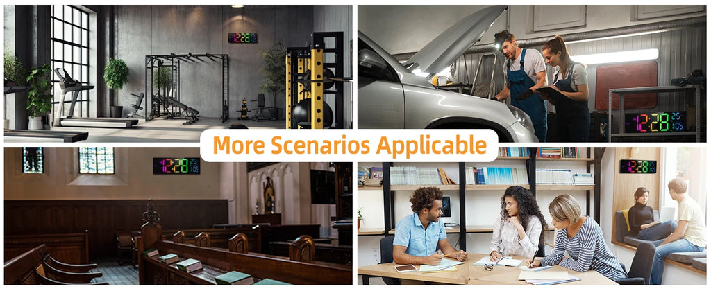 16" Large Digital LED Wall Clock – Features a big, easy-to-read display with 8 RGB color options, remote control, alarm, DST adjustment, and temperature display. Perfect for modern living rooms, kitchens, offices, and class