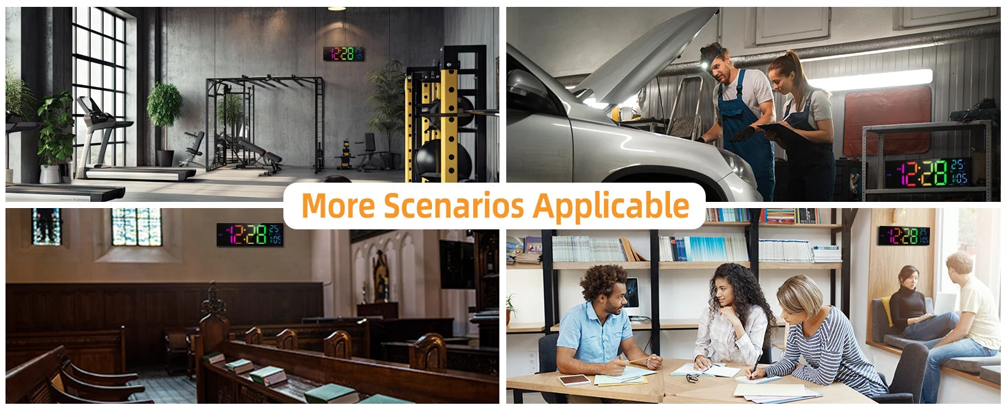 16" Large Digital LED Wall Clock – Features a big, easy-to-read display with 8 RGB color options, remote control, alarm, DST adjustment, and temperature display. Perfect for modern living rooms, kitchens, offices, and class