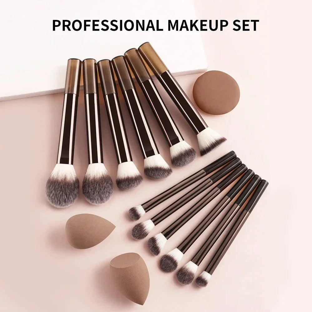 12-Piece Professional Makeup Brush Set with Sponges & Powder Puff. A complete makeup essential kit featuring high-quality brushes for eyeshadow, powder, and blush application. Includes 12 premium brushes, 2 blending sponges,