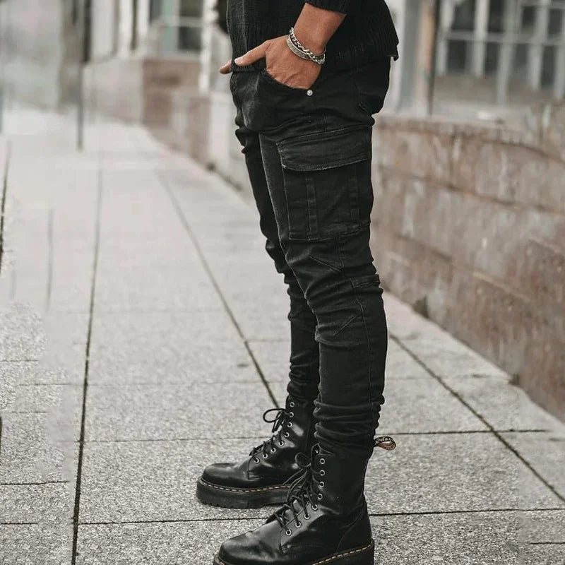 Men's Slim Fit Denim Jeans Elastic Waist Multi-Pocket Cargo Pants Casual Washed Solid Color Streetwear Mid-Waist Daily Joggers