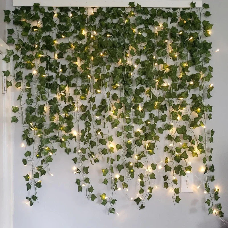 2M / 5M / 10M LED Silk Leaf Ivy Vine String Lights – Artificial Greenery Garland for Home, Wedding, and Event Decoration. Features realistic silk leaves and warm LED lighting, perfect for creating elegant, nature-inspired d