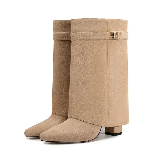 2025 Autumn/Winter Collection – Women’s Pointed-Toe Knee-High Boots with Metal Buckle. Featuring a thick high heel and sleek mid-leg design for a chic, fashionable look. Perfect for pairing with dresses or pants for elega