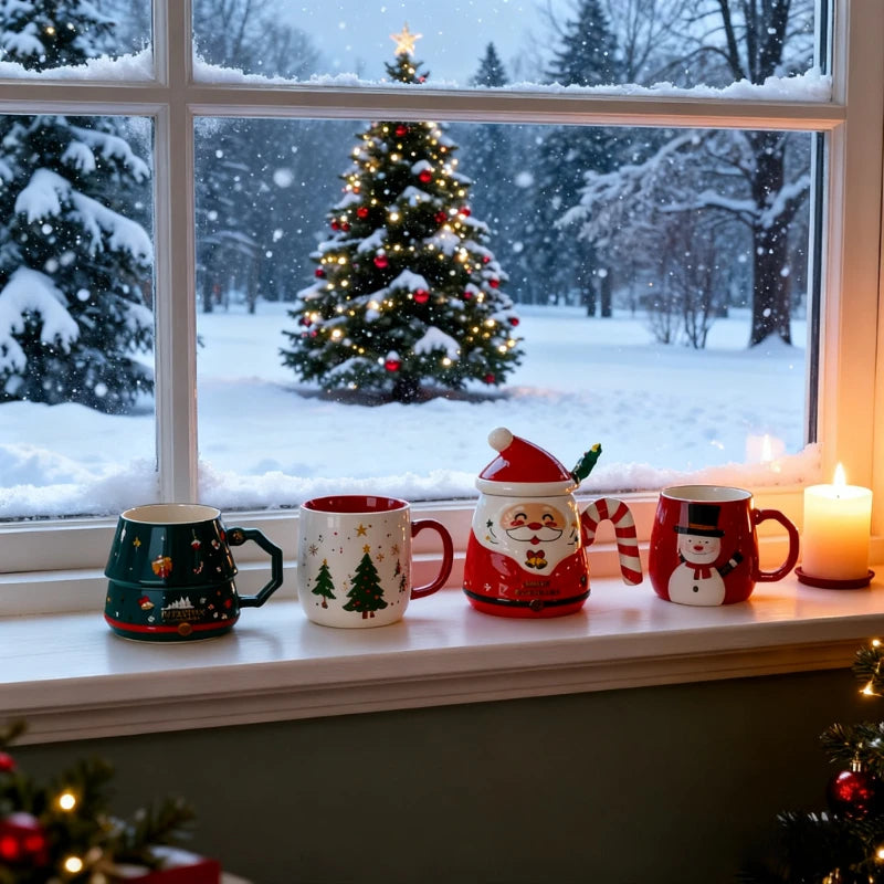 Cartoon Santa Claus Ceramic Mug with Lid And Spoon Christmas Gift Selection Gift Box Packaging for a Festive Home Atmosphere