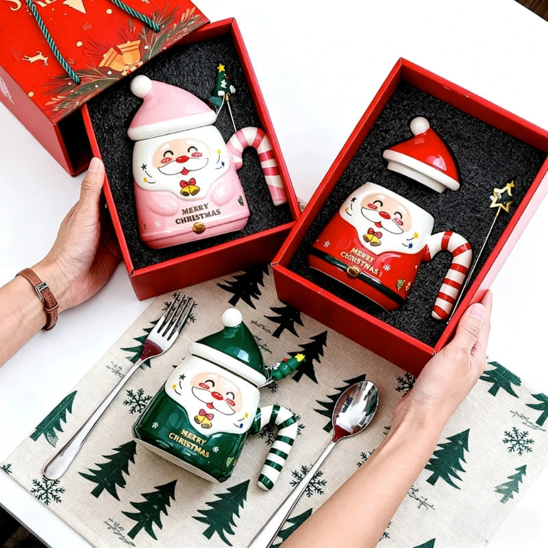 Cartoon Santa Claus Ceramic Mug with Lid And Spoon Christmas Gift Selection Gift Box Packaging for a Festive Home Atmosphere