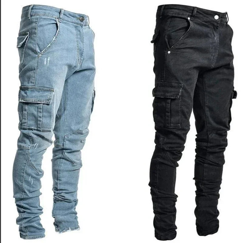 Men's Slim Fit Denim Jeans Elastic Waist Multi-Pocket Cargo Pants Casual Washed Solid Color Streetwear Mid-Waist Daily Joggers